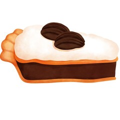 Thanksgiving pumpkin pie with pecan and cream clipart.Watercolor thanksgiving dessert illustration.
