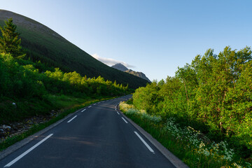 Lofoten Summer Landscape .Lofoten is an archipelago in the county of Nordland, Norway. Is known for a distinctive scenery with dramatic mountains and peaks, sea and ocean.