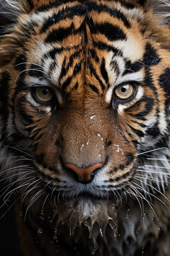 Close up of a Bengal tigers face with water, droplets and wet fur