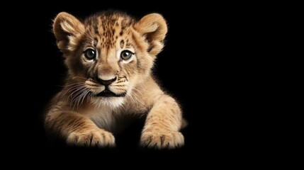 Fototapeta premium adorable lion cub lying isolated on black panoramic
