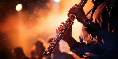 Close up of Flute being played in Concert environment - obrazy, fototapety, plakaty
