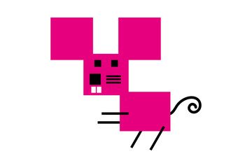 Pink square bricks, cute and nice happy mouse. Animal. Funny vector illustration.
