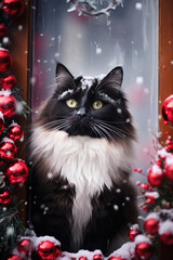 Black and white Persian cat staring up first Christmas fall.