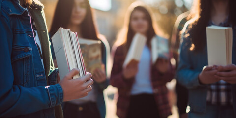 close up of students hands holding books - obrazy, fototapety, plakaty
