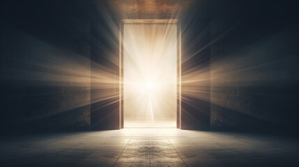 open door with light at the end, new life and opportunity concept, changes and right decision - obrazy, fototapety, plakaty
