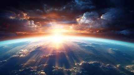 Poster sunrise or sunset over planet Earth, clouds and atmosphere in rays of Sun, open space and stratosphere © goami