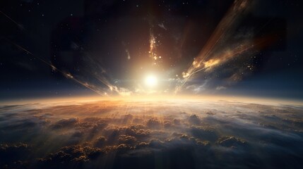 sunrise or sunset over planet Earth, clouds and atmosphere in rays of Sun, open space and stratosphere - obrazy, fototapety, plakaty