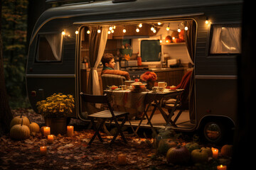 Obraz na płótnie Canvas The coziness of a mobile home in a forest during the fall season is captured near a set table, embodying the concept of local family travel in a camper, the essence of camping life. Generative Ai.