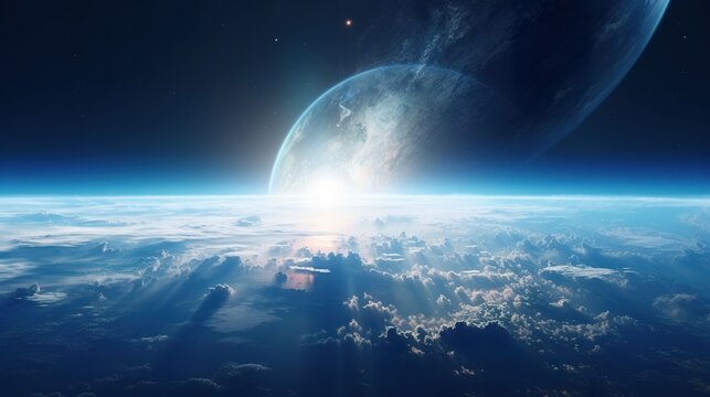 sunrise at atmosphere of blue planet in outer space, fantasy illustration