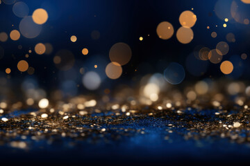 Fototapeta na wymiar An abstract background comes to life with dark blue and gold particles, creating a Christmas-inspired bokeh effect against a navy blue backdrop. Generative Ai.