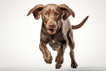 A playful and contented brown Weimaraner dog frolics, isolated against a transparent background. Generative Ai.