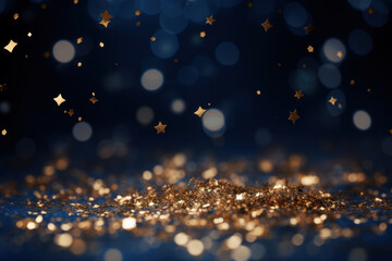 An abstract background shimmers with golden stars, particles, and sparkling effects against a navy blue backdrop.  Generative Ai.
