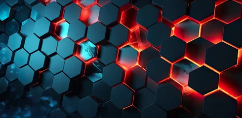 Fotobehang red, blue and orange honeycomb hexagon 3d background, geometry texture pattern, futuristic geometric structure design © goami