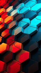 red, blue and orange honeycomb hexagon 3d background, geometry texture pattern, futuristic geometric structure design