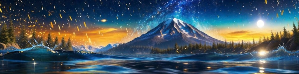 Banner abstract image of mountain landscape at sunset in rain, background for your design