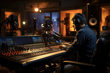 A professional studio microphone is the centerpiece, with a musician in the background and an audio...