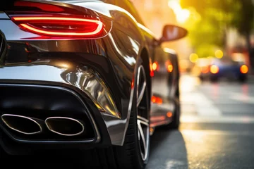 Foto op Plexiglas The stainless steel exhaust tip of a sports car takes the spotlight, with a car showroom serving as a bokeh-laden backdrop. The dual exhaust system enhances the rear of the black car. Generative Ai. © Sebastian