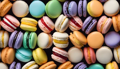 Fotobehang colorful and fresh macarons filled with cream or fruit jam, food concept, generative ai © João Macedo
