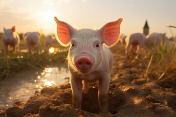 Ecological pigs and piglets thrive at a domestic farm, highlighting sustainable and eco-friendly animal farming practices. Generative Ai.