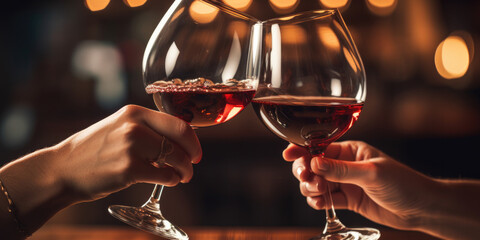 Two. glasses of red wine in celebratory touch together. In restaurant bar environment - obrazy, fototapety, plakaty