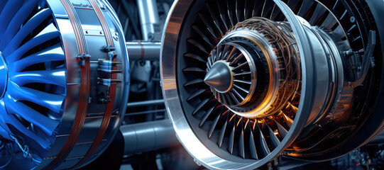 Advanced engineering banner, depicting the  turbine blades of a jet engine hi tech environment - obrazy, fototapety, plakaty