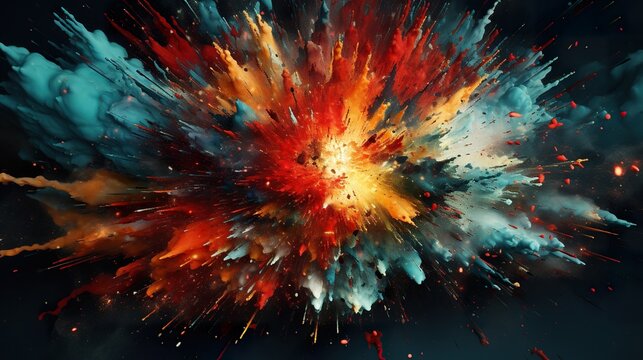 colorful dust and paint explosion, colourful background in style of blue, red, yellow, purple, pink