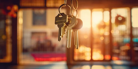 Foto op Plexiglas Close-up of keys hanging up in household, low-level Sun shining through © David