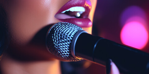 close up of Female singers, mouth singing into microphone  - obrazy, fototapety, plakaty