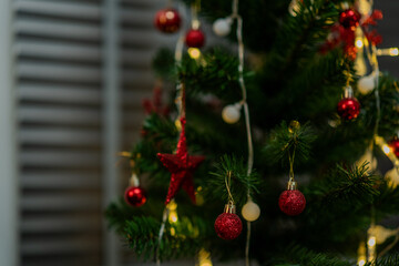 merry christmas and happy new year,Decorated Christmas tree on blurred, sparkling and fairy background
