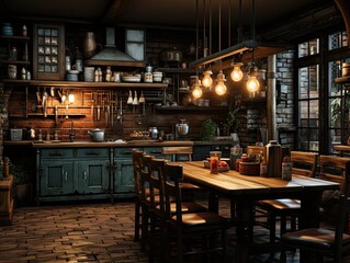 interior design of kitchen and dining table with light bulb in industrial style design with brick wall and low light cozy room
