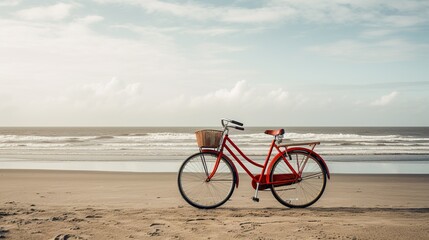 Fototapeta premium old vintage red bicycle on beach at sea background