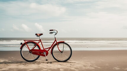 Fototapeta premium old vintage red bicycle on beach at sea background