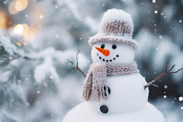 Fototapeta premium Christmas snowman in a snowy landscape. High quality photo