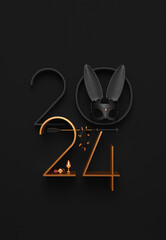 Creative 2024 New Year design template with BDSM elements: a rabbit mask, a leather whip, anal plugs and a collar with spikes.