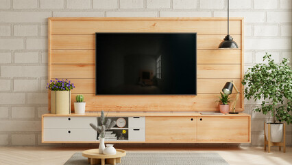 LED TV on the wooden wall in living room with wooden cabinet,minimal design - obrazy, fototapety, plakaty