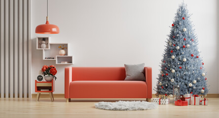 Living room christmas interior with velvet red sofa on empty white background