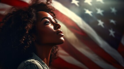 A Black Woman in front of the American flag, proudly looking up, for Independence Day, Juneteenth or Black History Month designs