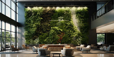 Modern office lobby with sleek furniture, a living green wall, and natural light  breathtaking plants such as cacti, succulents, and air plants, which are placed in various attractively designed pots.