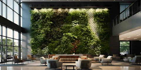 Foto op Plexiglas Modern office lobby with sleek furniture, a living green wall, and natural light  breathtaking plants such as cacti, succulents, and air plants, which are placed in various attractively designed pots. © Kalsoom