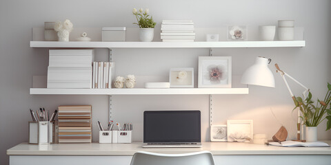 Home Office Workplace with Wooden Accents Interior deisgn of Home Office in Scandinavian style with Floating Shelves AI Generative