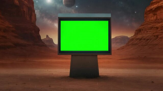 Animated illustration of zooming into a screen with a green background/ chroma key background that is placed on a strange alien planet with a glowing starry sky and rain. Replaceable Chroma Key.