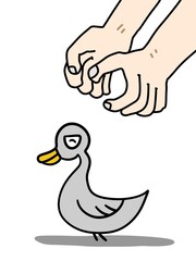 cartoon duck and hand on a white background