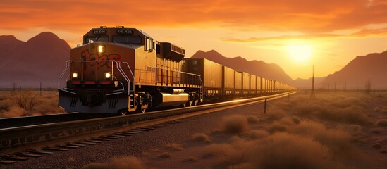 Freight train at sunset in the desert.  - obrazy, fototapety, plakaty