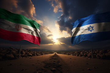 A combination of the Israel flag and the Iran flag illustrates the ongoing political conflict and military tensions between the two nations. Generative Ai. - obrazy, fototapety, plakaty