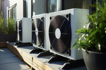 An air source heat pump is installed in a residential building, highlighting the use of sustainable and clean energy at home. Generative Ai.