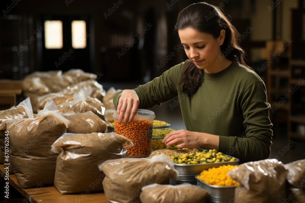 Poster a food bank worker sorting through non-perishable donations, illustrating the network of support to 