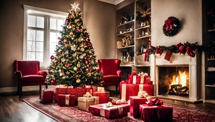 Christmas tree with gifts and decorations, A sparkling Christmas tree surrounded by gifts and laughter