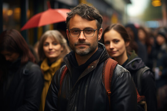 A diverse group of people waiting in line at an immigration office, illustrating the global phenomenon of international migration and its impact on local communities. Generative Ai. - Powered by Adobe