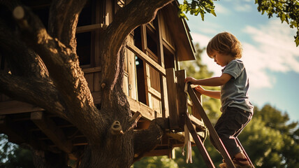 Child playing in wooden tree house  - obrazy, fototapety, plakaty