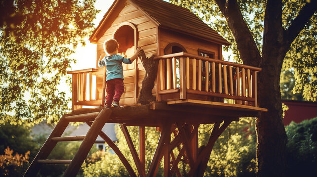 Child playing in wooden tree house 